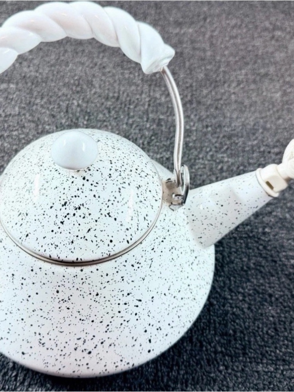 White Speckled Ceramic-Style Teapot with Twisted Handle